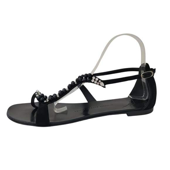 Giuseppe Zanotti Black Leather Strappy Crystal Beaded Flat Sandals Women's Sz 41 - Picture 1 of 9